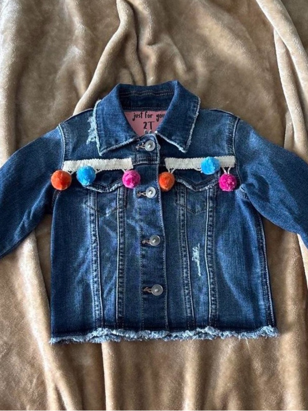 Girls' Dark Blue Denim Jacket with Colorful Pom-Pom Trim by